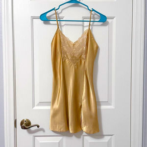 Victoria's Secret gold satin lace panel slip dress nightgown with slit - XS